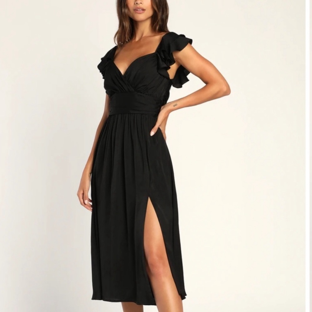 Regal Ruffles Black Satin Flutter Sleeve Midi Dress